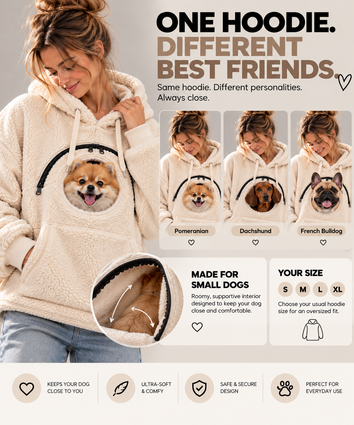 One DogPocket hoodie shown with different small dog breeds