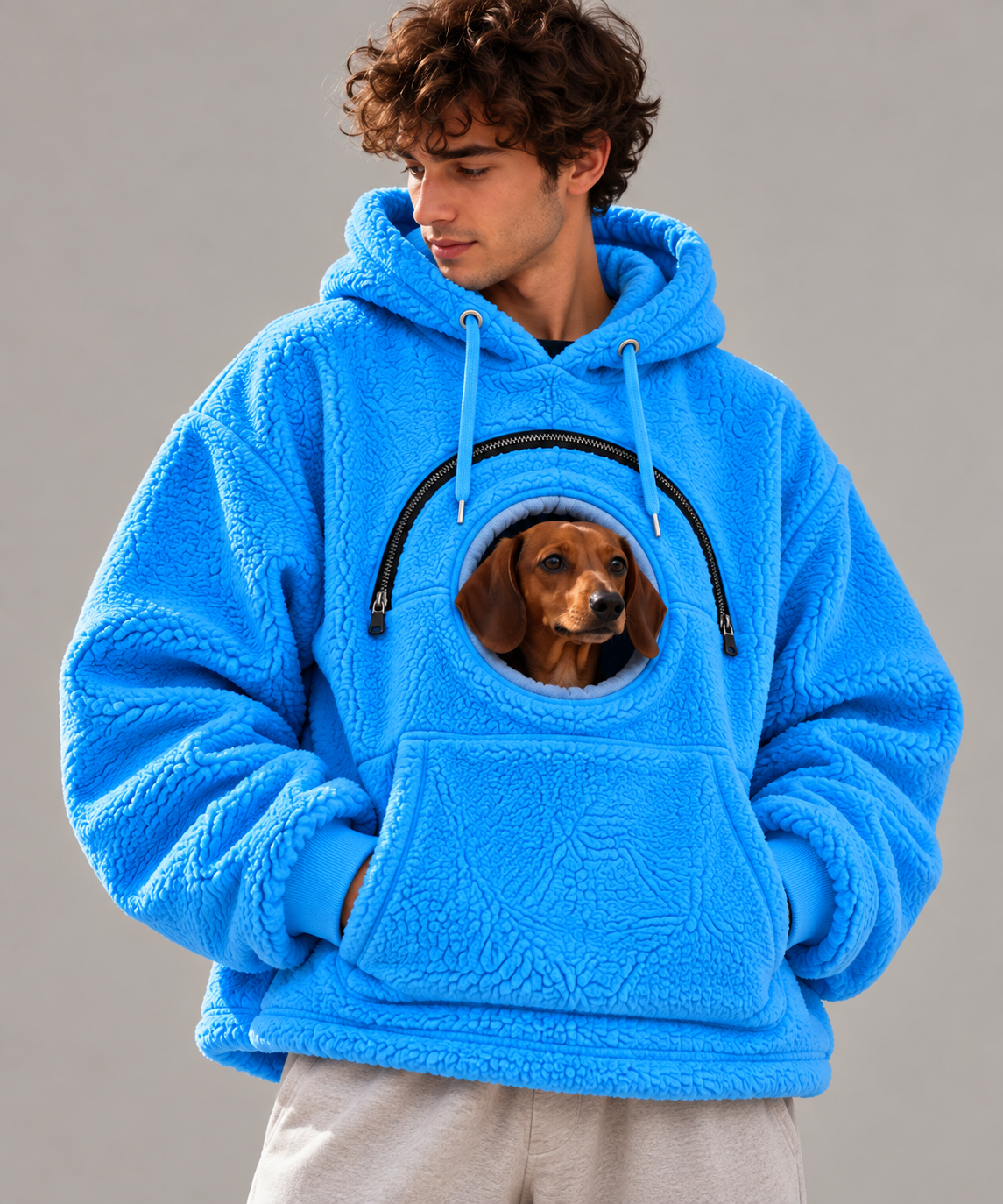 Electric Blue DogPocket hoodie with a dachshund